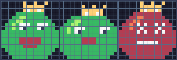 Three frames, each 2 x 2 sprites: normal (320, 321, 336, 337), squished (322, 323, 338, 339) and hurt (324, 325, 340, 341).