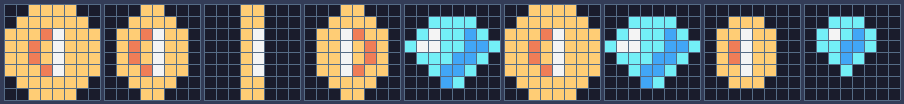 Sprites 288-291 (a coin turning: front, three-quarters, edge, three-quarters) and 292 (a gem); marker tiles 48 (coin) and 49 (gem); HUD icons 354 (coin) and 355 (gem).