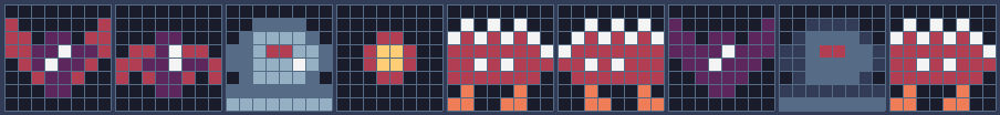Sprites 275-276 (bat), 277 (turret), 278 (bullet), 279-280 (spiky), and their marker tiles 54 (bat), 55 (turret) and 56 (spiky).