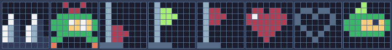 Tile 13 (spikes), sprite 264 (Pip hurt), 297 and 298 (the checkpoint flag down and up), tile 51 (the checkpoint marker), 352 and 353 (full and empty heart) and 359 (Pip's head for the lives counter).