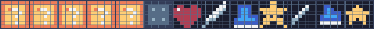 Tiles 16-20 (the ?-blocks: coin, heart, feather, boots, star), 21 (a used block), sprites 293-296 (heart, feather, boots, star) and 356-358 (their small HUD icons).