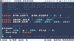 The code editor, here with lesson 3's code in it.