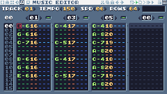 The music editor in tracker mode, showing the first frame of the overworld theme (track 1).