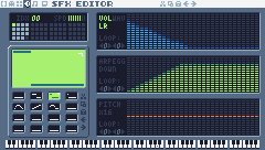 The SFX editor with the jump sound: a fading volume and an arpeggio that climbs an octave.