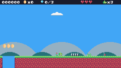 Pip touches the spikes, loses a heart and blinks; touching the checkpoint flag raises it.