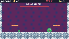 King Glob hops at Pip and lands with a thud that shakes the screen. While he's dizzy, Pip jumps on his head.