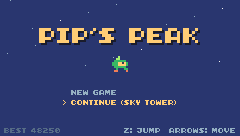 The finished title screen: twinkling stars, a big Pip, a menu that can continue a saved game, and the best score.