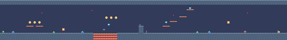 The Crystal Cave: 120 x 17 cells at map cell (0, 17). A boots block (19) just above head height near the start, a lava pit with a moving platform as a ferry, a feather block high up near the end, three gems.