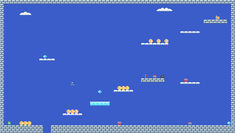 The Sky Tower: 60 x 34 cells at map cell (120, 0). Pip starts at the bottom left and climbs to the goal flag at the top right: clouds, a slippery ice ledge, two springs, a moving platform, two spikies and a turret.
