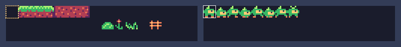 Left, the TILES half (0-255): the ground and the decorations of this lesson. Tile 0 (dashed frame) stays empty, because every empty map cell is tile 0. Right, the SPRITES half (256-511): Pip's frames, starting at 256 (white frame).