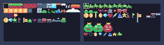 Every picture in Pip's Peak: the TILES half of the sheet on the left, the SPRITES half on the right.